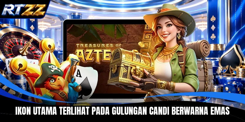 Ikon utama terlihat pada gulungan candi berwarna emas